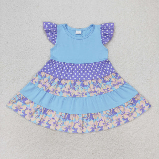 GSD1164 multi color flowers purple dot blue flutter sleeve girls dress