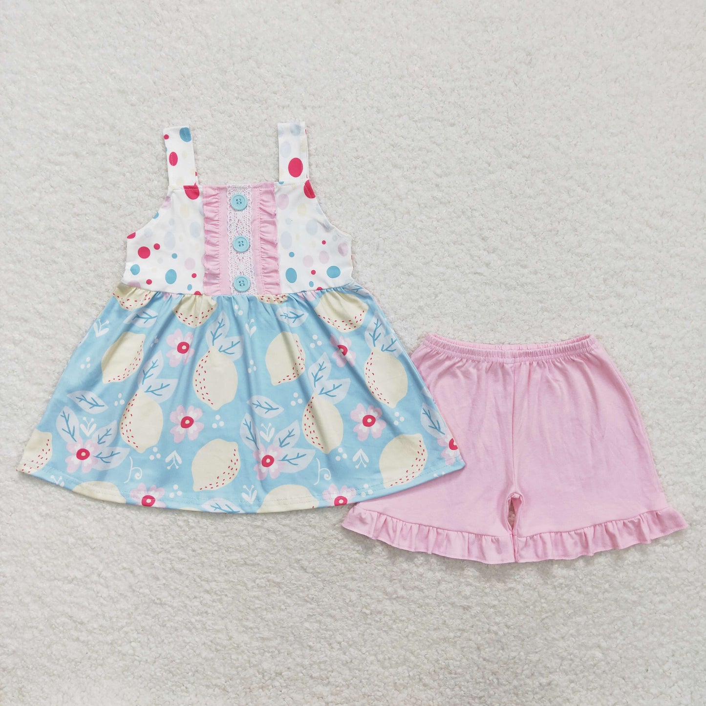 GSSO1133 fruit lemon flowers sleeveless pink shorts girls set