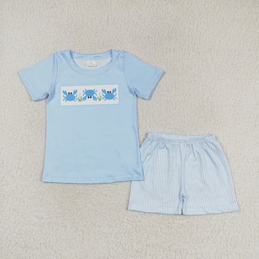 BSSO0765 crab blue short sleeve blue striped shorts boys set