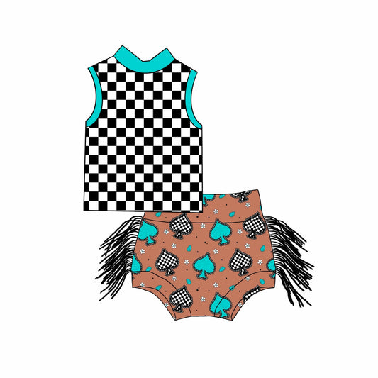 Custom Black Checkered Sleeveless Tassels Baby Bummies Set