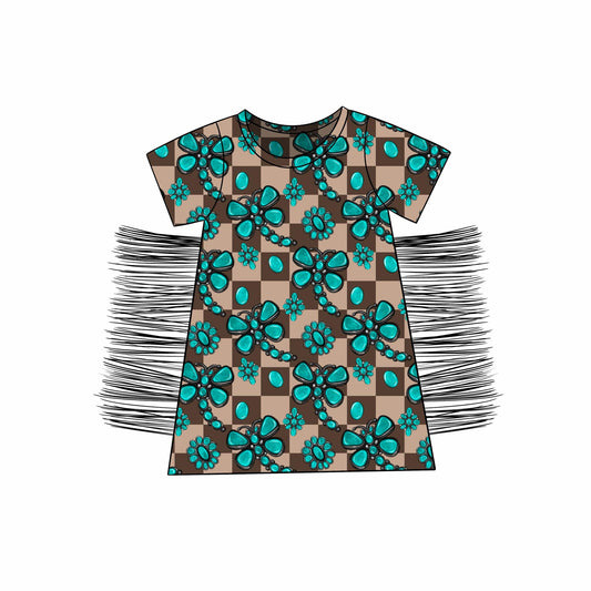 Custom Western Turquoise Checkered Tassels Short Sleeve Girls Dress