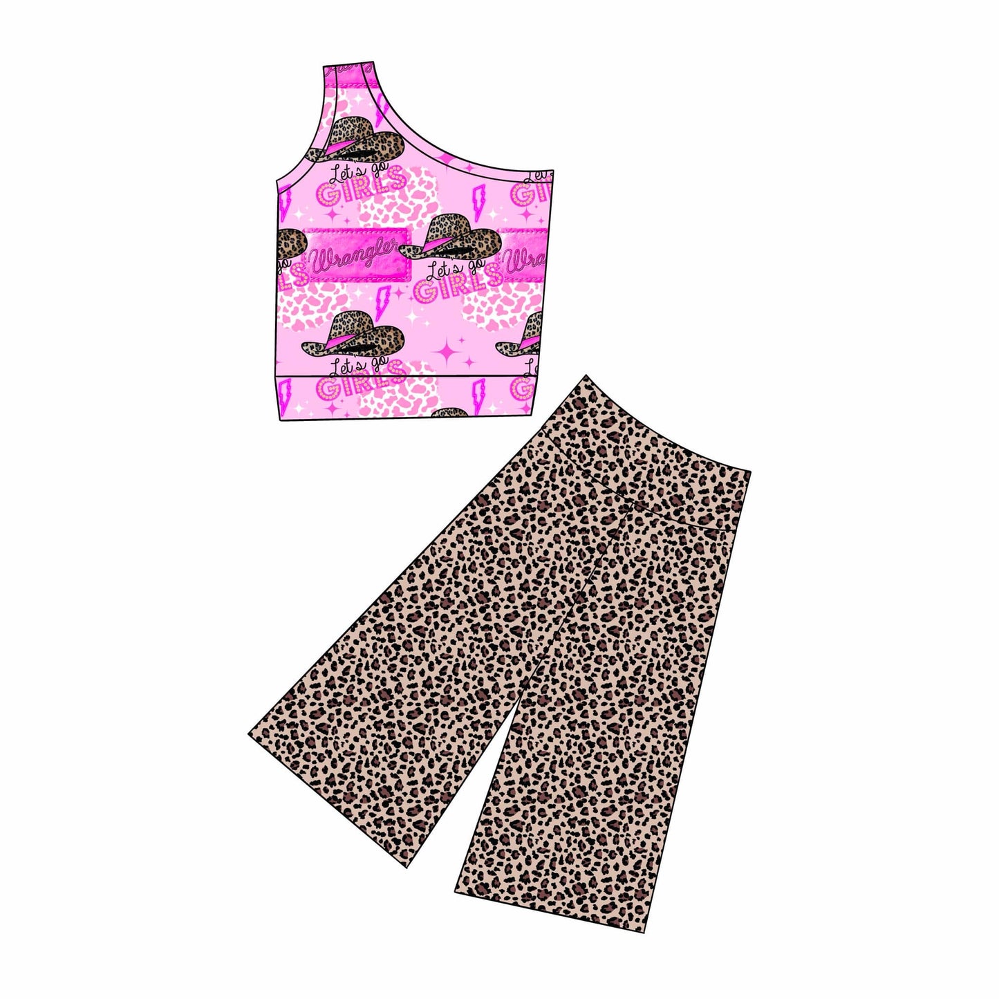 Custom Western Hot Pink one-sleeve Leopard Pants Girls Set