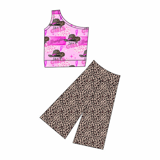 Custom Western Hot Pink one-sleeve Leopard Pants Girls Set