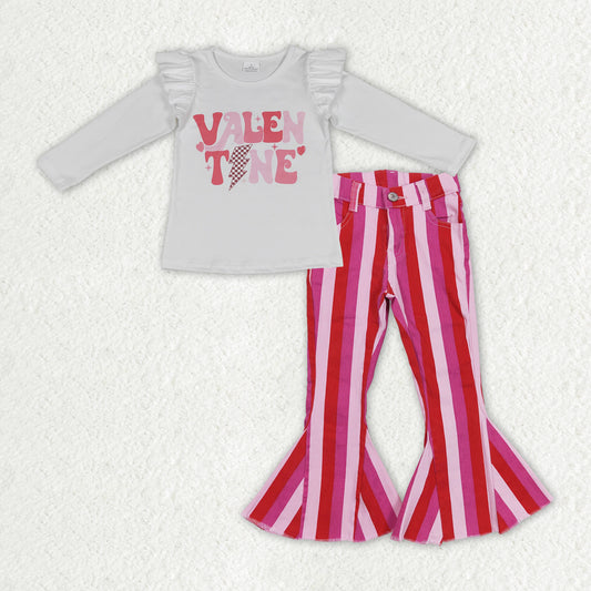 GLP1162 Valentine white long sleeve pink red striped denim pants girls set