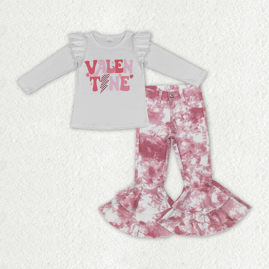 GLP1160 Valentine white long sleeve pink ink pattern denim pants girls set