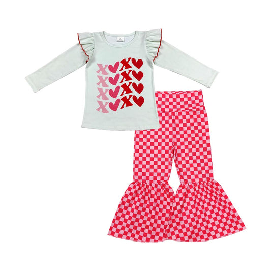GLP1164 Valentine’s Day heart long sleeve red checkered milk silk pants girls set