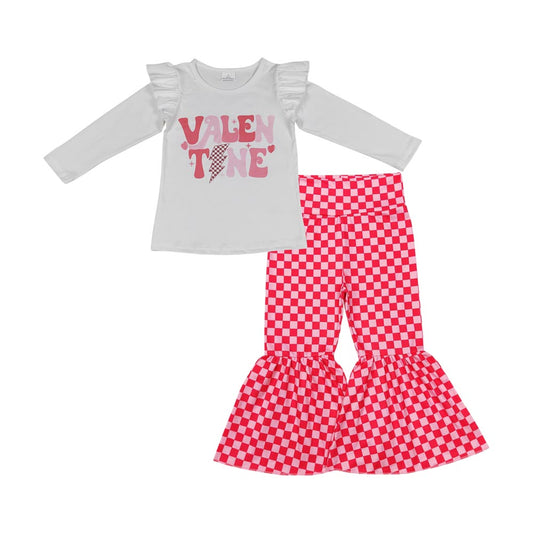 GLP1163 Valentine white long sleeve red checkered milk silk pants girls set