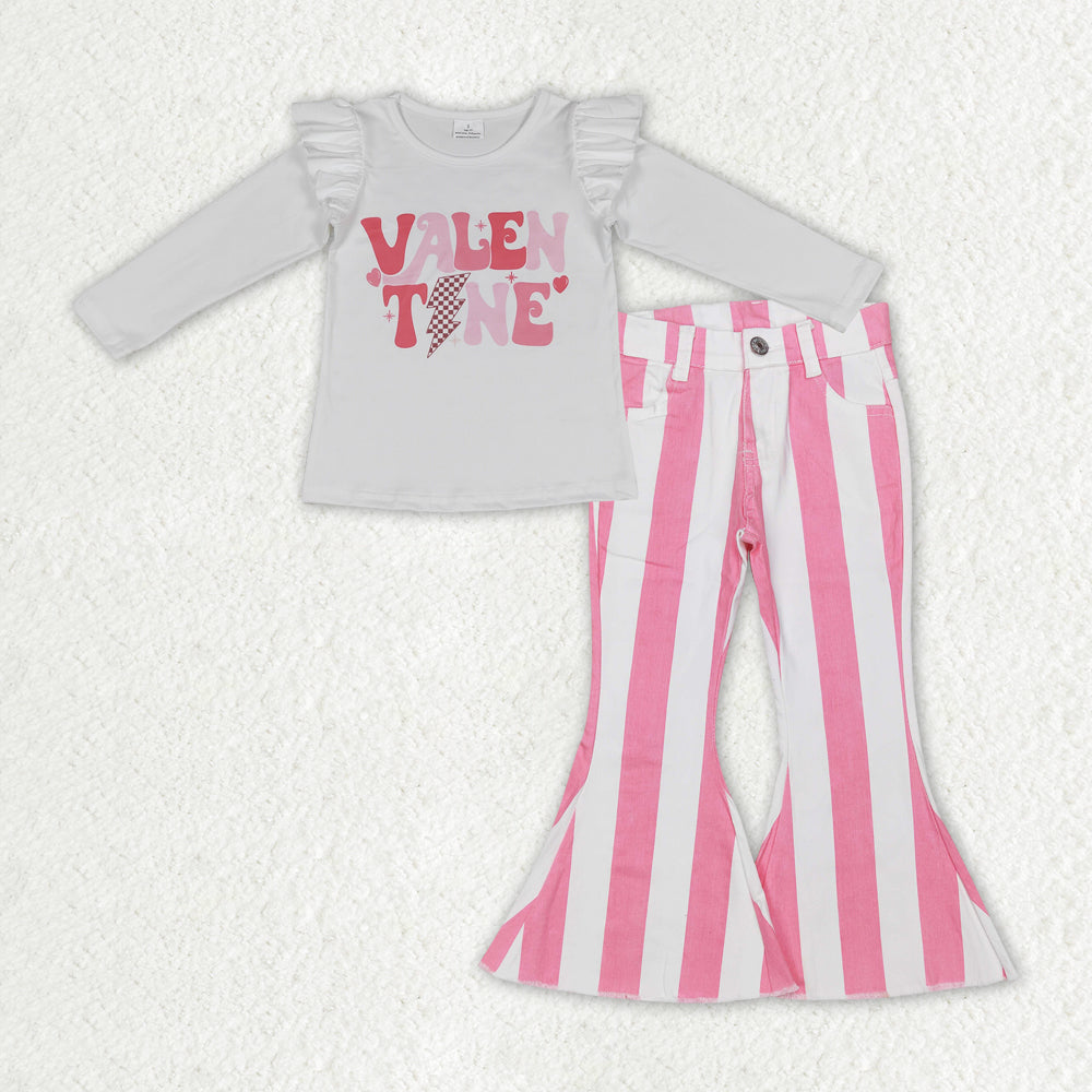 GLP1161 Valentine white long sleeve pink striped denim pants girls set