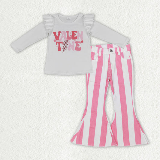 GLP1161 Valentine white long sleeve pink striped denim pants girls set