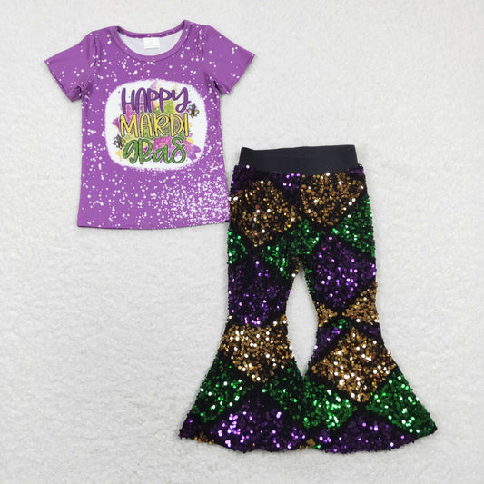 GSPO1384 Happy Mardi Gras purple short sleeve green purple sequin pants girls set