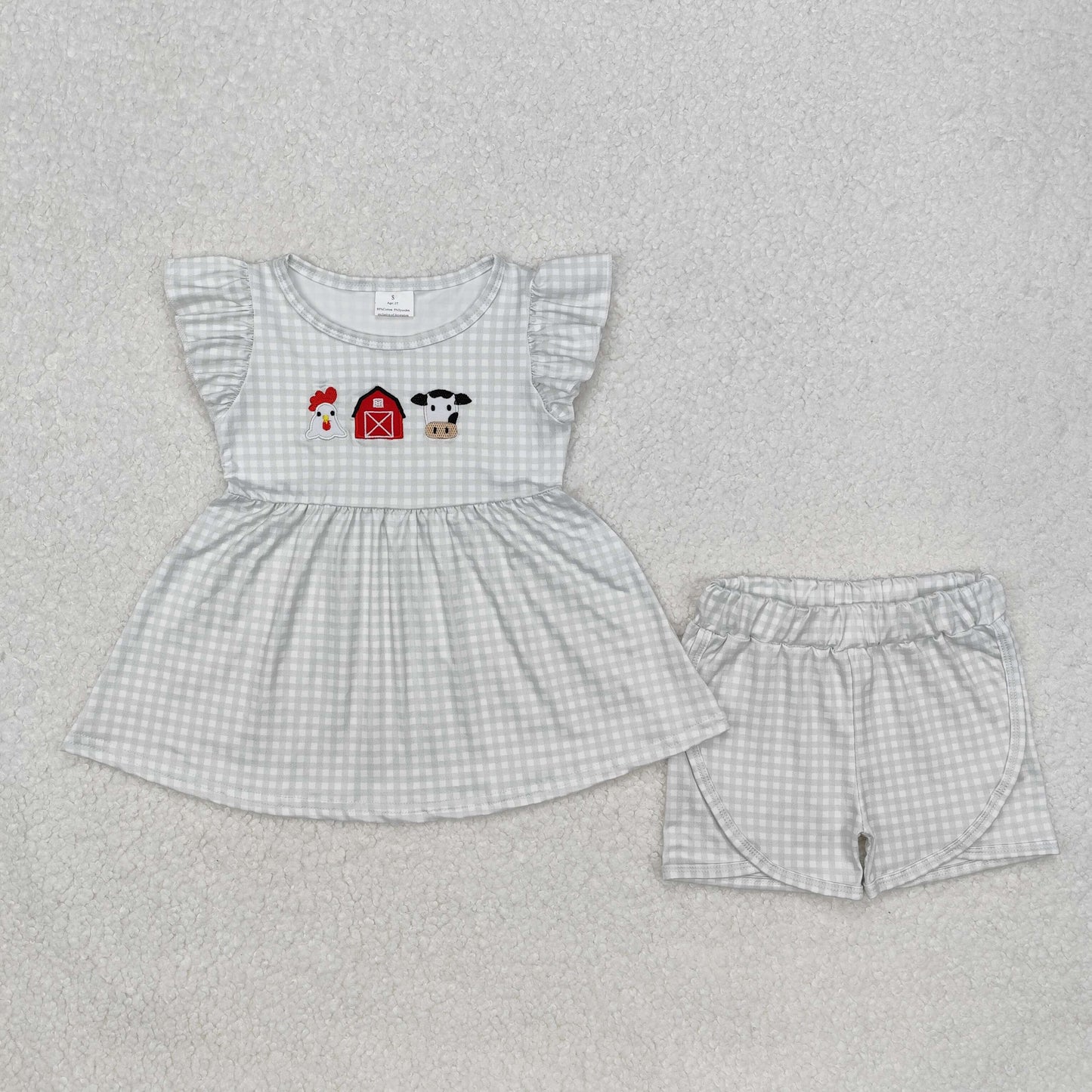 embroidery GSSO1564 Farm chick cow house checkered flutter sleeve shorts girls set