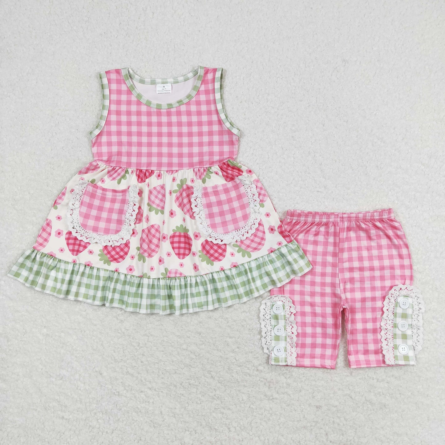 GSSO1183 pink strawberry pockets checkered sleeveless shorts girls set