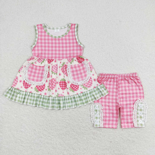 GSSO1183 pink strawberry pockets checkered sleeveless shorts girls set