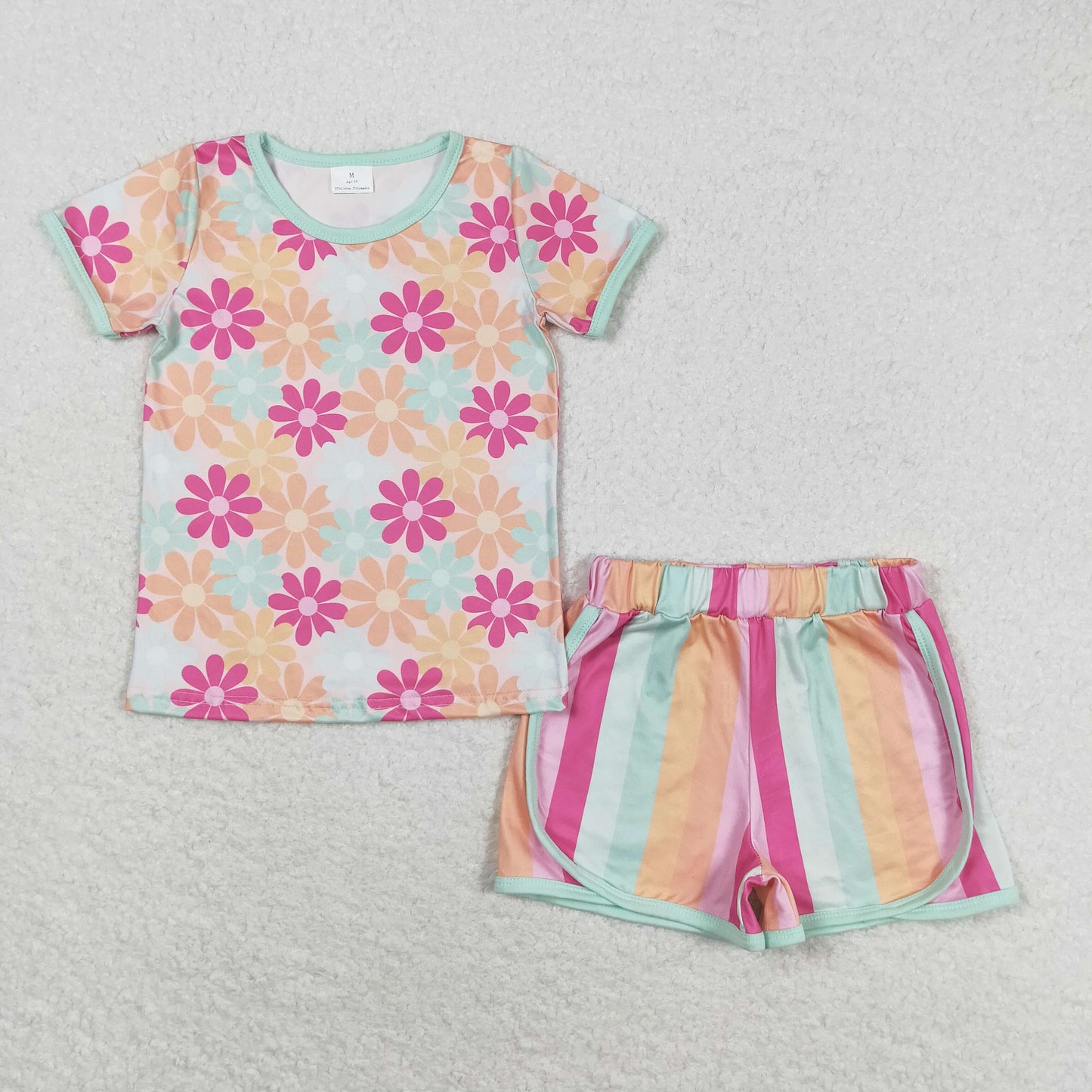 GSSO1297 colorful flowers short sleeve rainbow striped shorts girls set