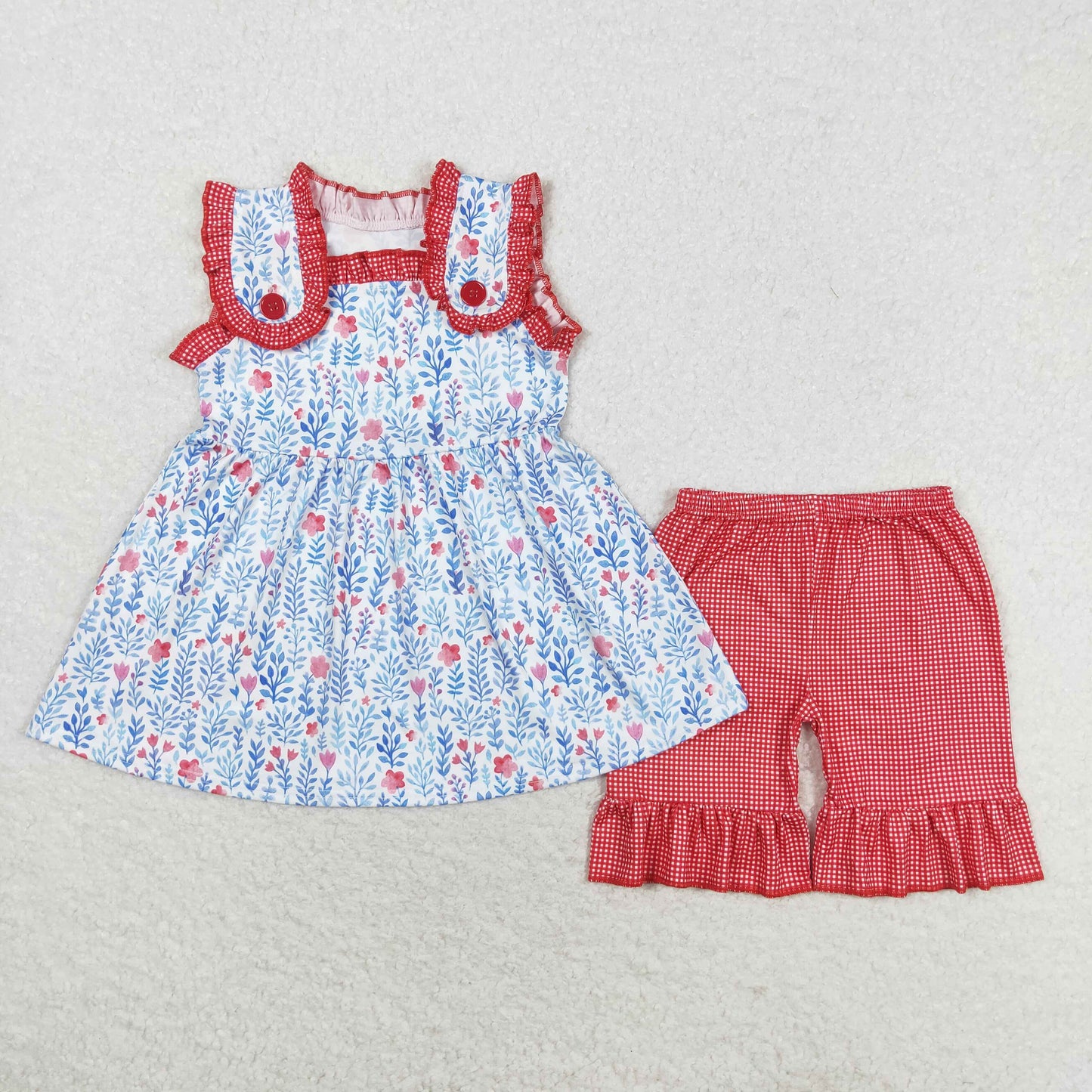 GSSO1112 pink flowers blue leaf floral ruffles sleeveless red checkered shorts girls set