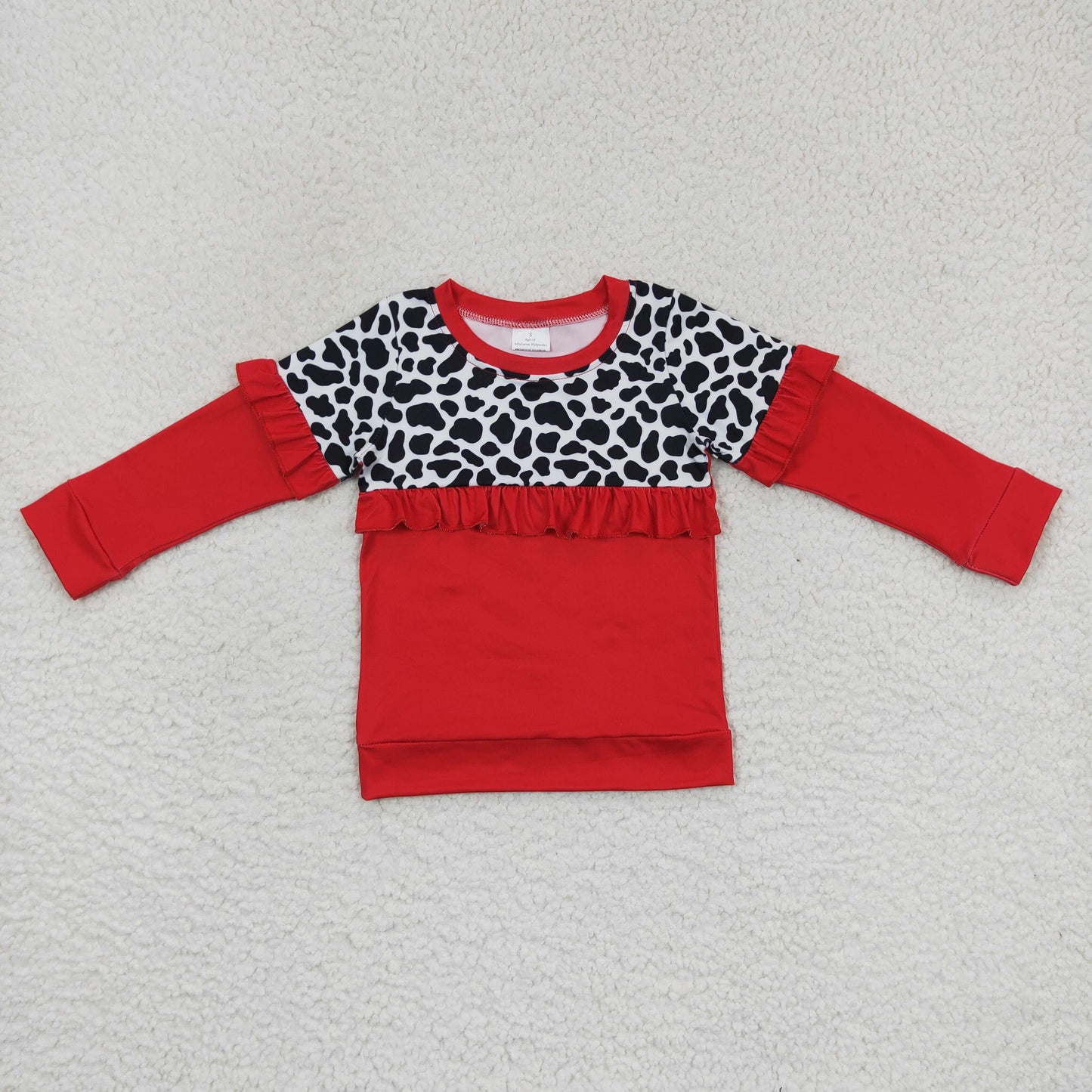 GT0295 Cow print red long sleeve girls top