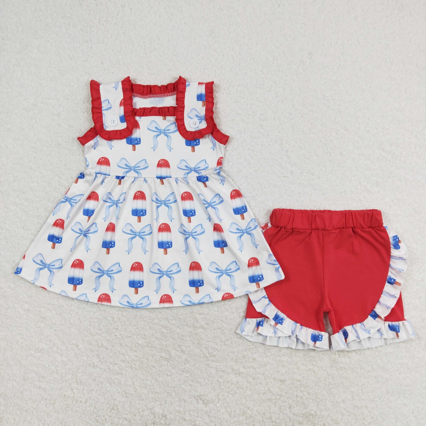 GSSO1152 July 4th bow ice sleeveless red ruffles shorts girls set