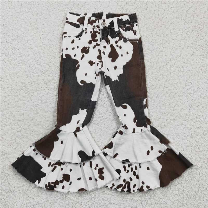 Aa-1 Cow Print Double Ruffles Denim Jeans