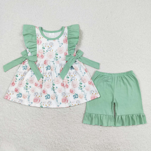 GSSO1004 multi color flowers green flutter sleeve green shorts girls set