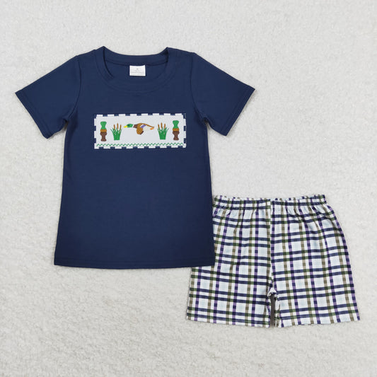 BSSO0710 embroidery Mallard duck navy blue short sleeve green striped shorts boys set