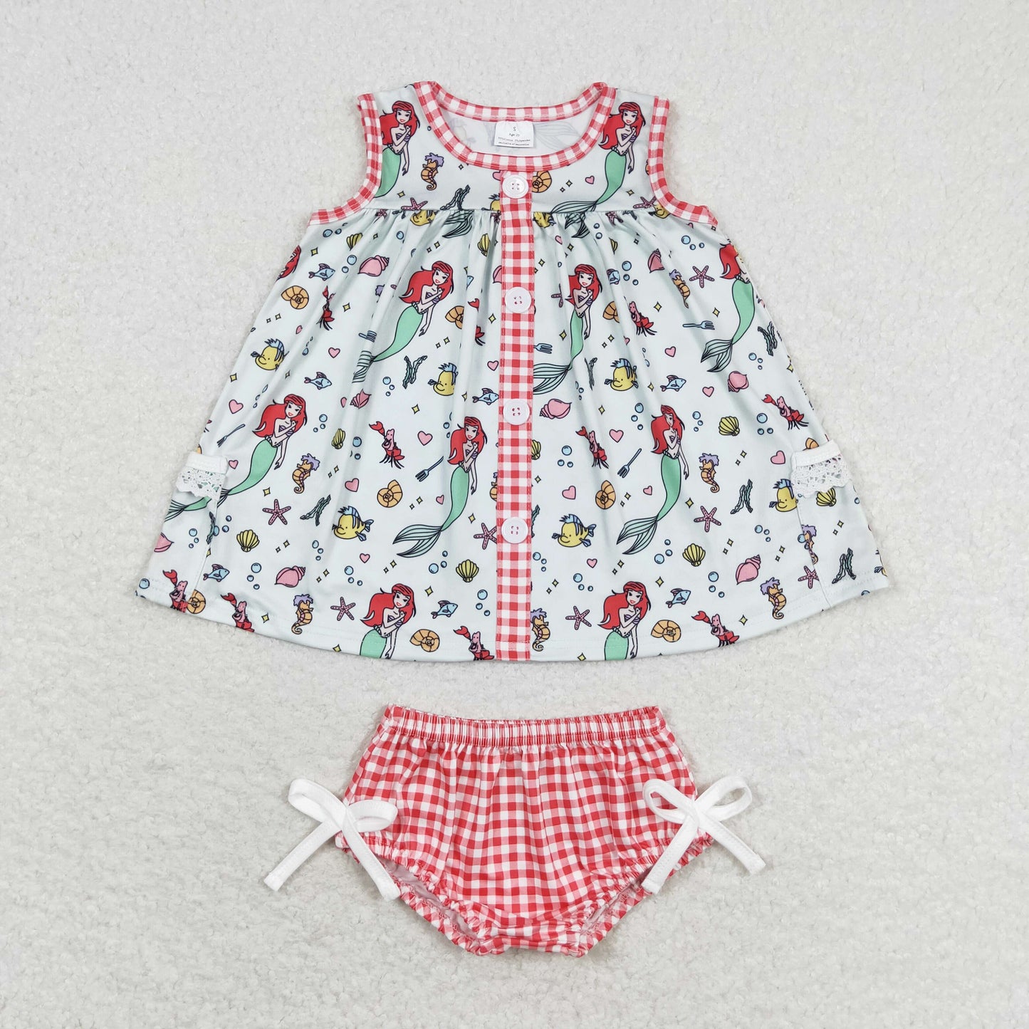 GBO0346 cartoon mermaid sleeveless red checkered girls bummies set