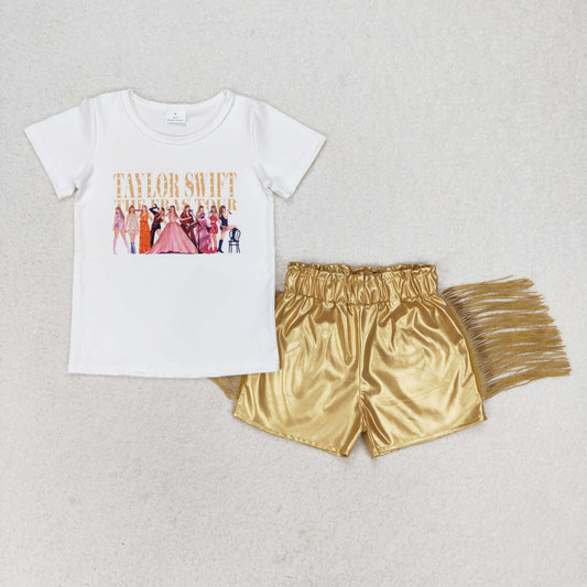 GSSO0985 country singer TS short sleeve gold leather tassels shorts girls set