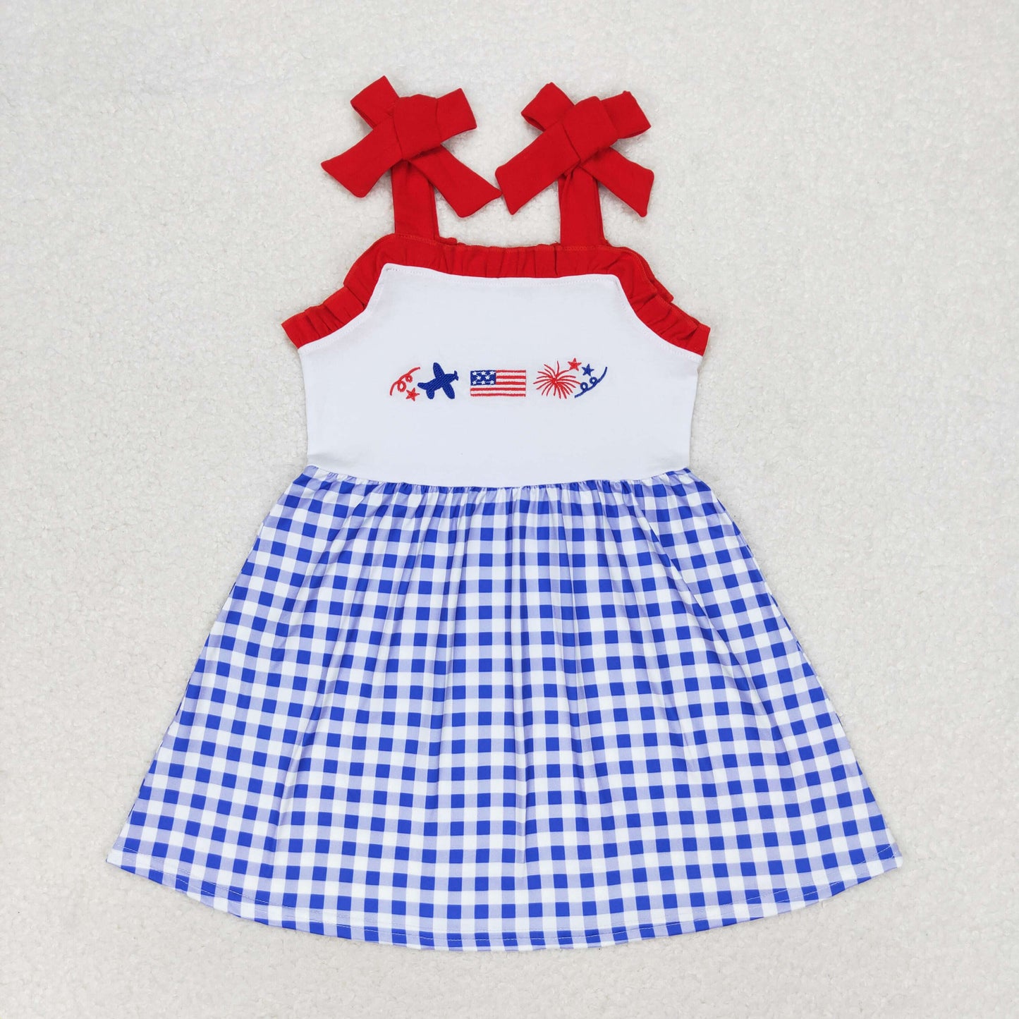 GSD0827 embroidery July 4th Flag Plane Blue Checkered Girls Summer Dress