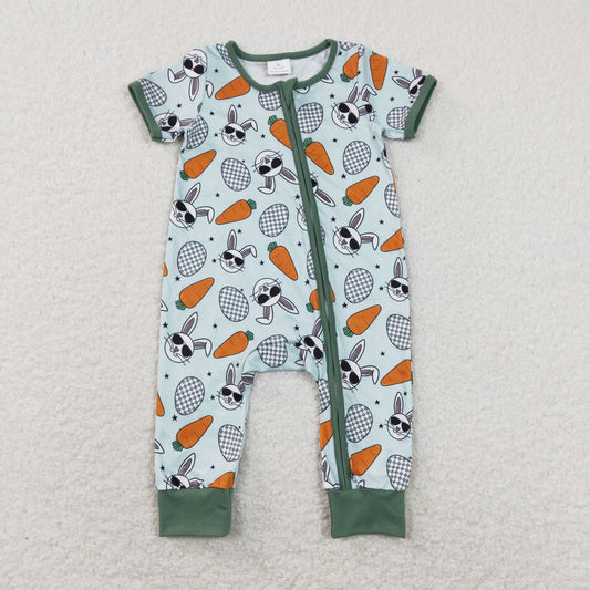 SR1014 Easter Rabbit Carrot Egg Blue Short Sleeve Zipper Boys Romper