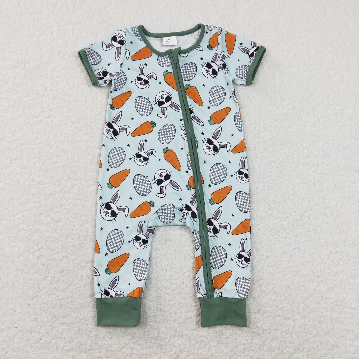 SR1014 Easter Rabbit Carrot Egg Blue Short Sleeve Zipper Boys Romper