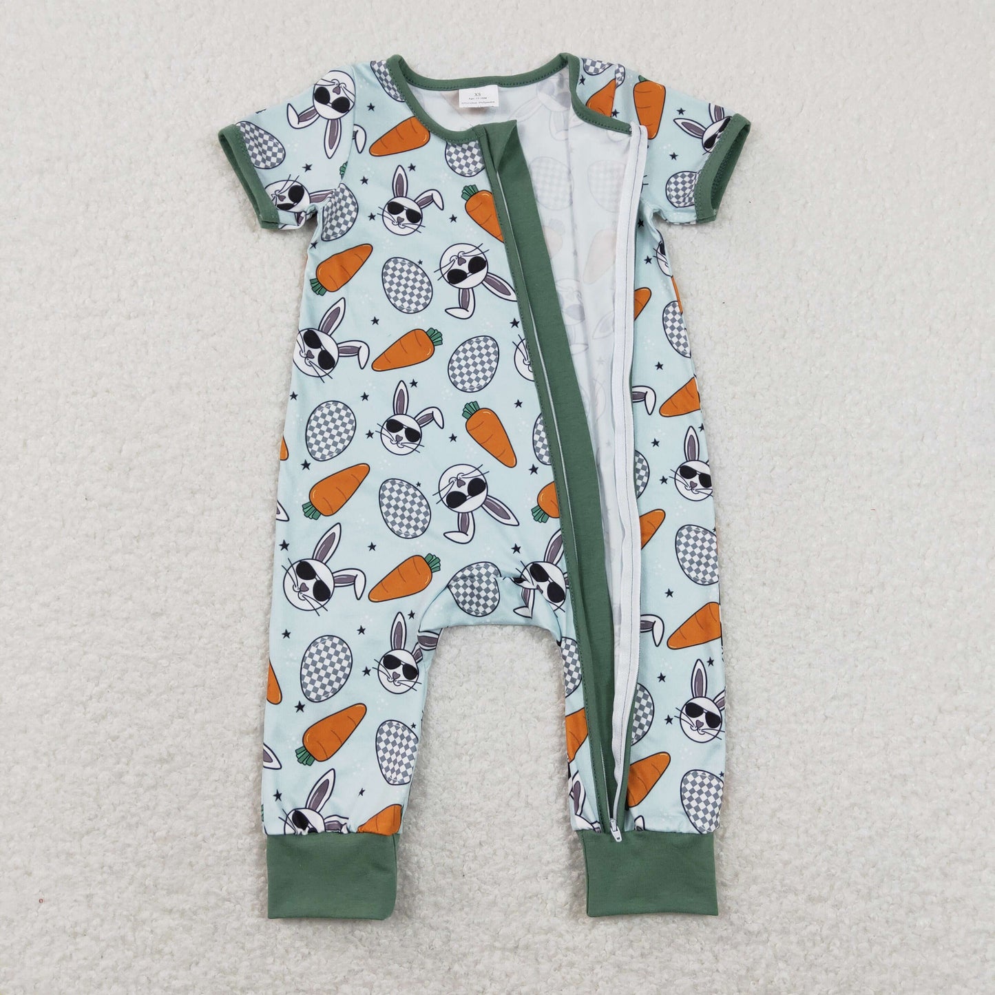 SR1014 Easter Rabbit Carrot Egg Blue Short Sleeve Zipper Boys Romper