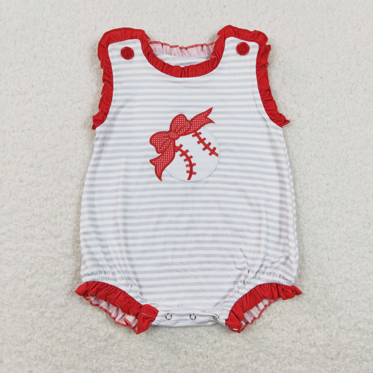 SR0782 Embroidery Baseball Striped Red Sleeveless Girls Romper