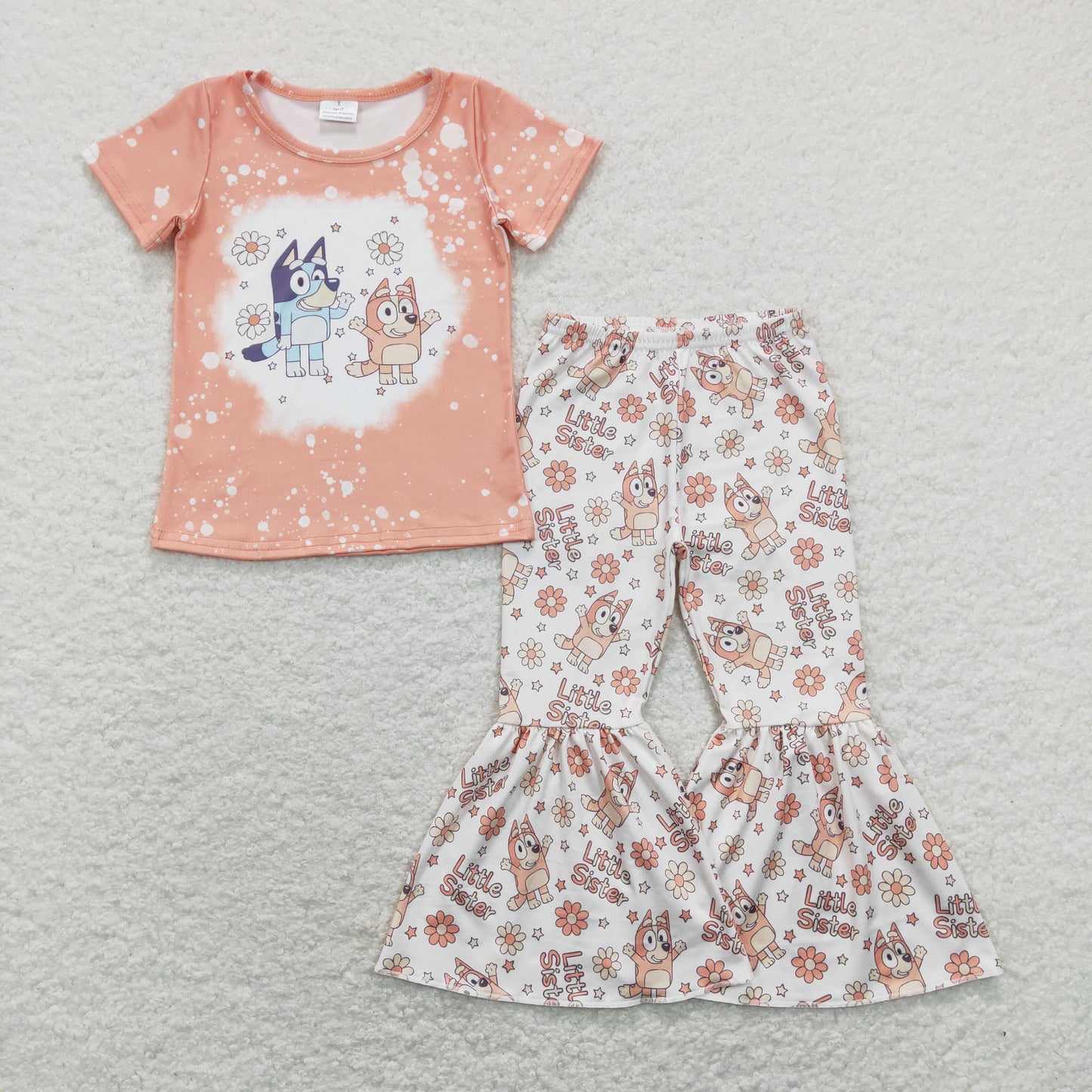 GSPO1335 Cartoon Cute Dog Orange Short Sleeve Little Sister Flowers Girls Set