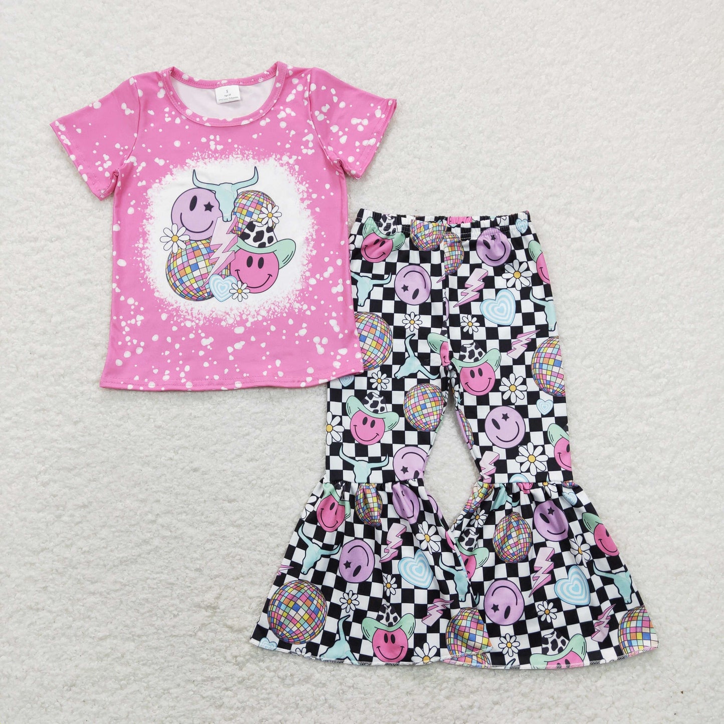 GSPO1290 Western Cow Smile Flowers Hot Pink Short Sleeve Black Checkered Pants Girls Set