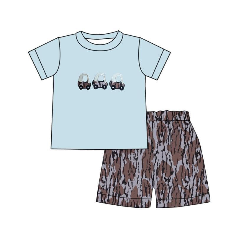 custom style golf car blue short sleeve branch shorts boys set