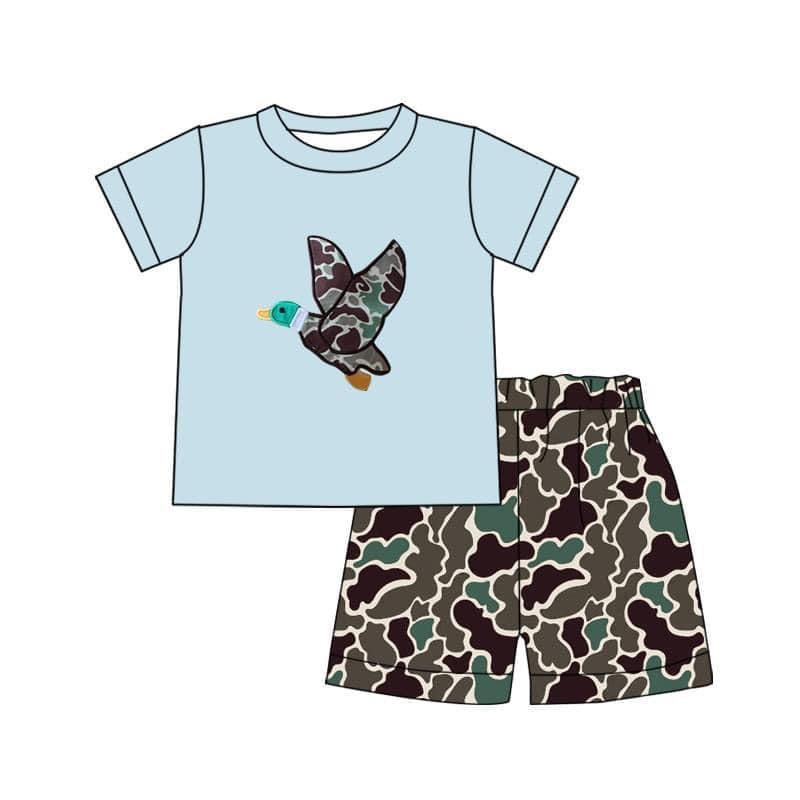 custom style camo mallard blue short sleeve camo shorts boys set