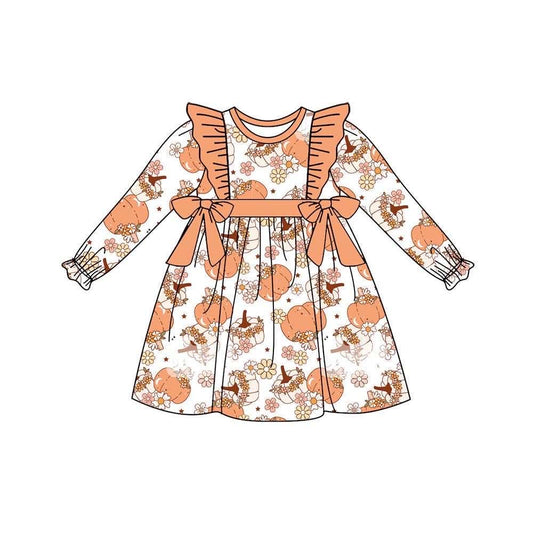 custom Autumn pumpkin flowers long sleeve girls dress