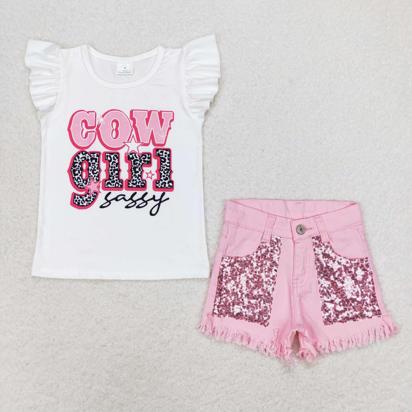 cowgirl sassy flutter sleeve pink sequin tassels denim shorts girls set