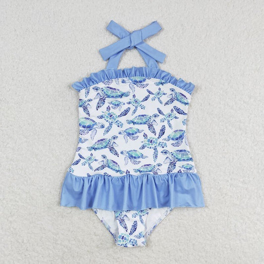 S0430 tortoise blue ruffles girls bathing swimsuits