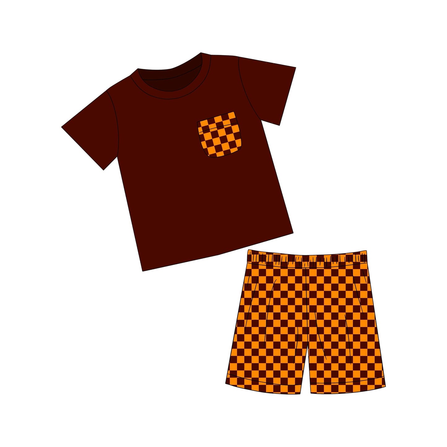 custom style brown pocket short sleeve brown checkered shorts boys set