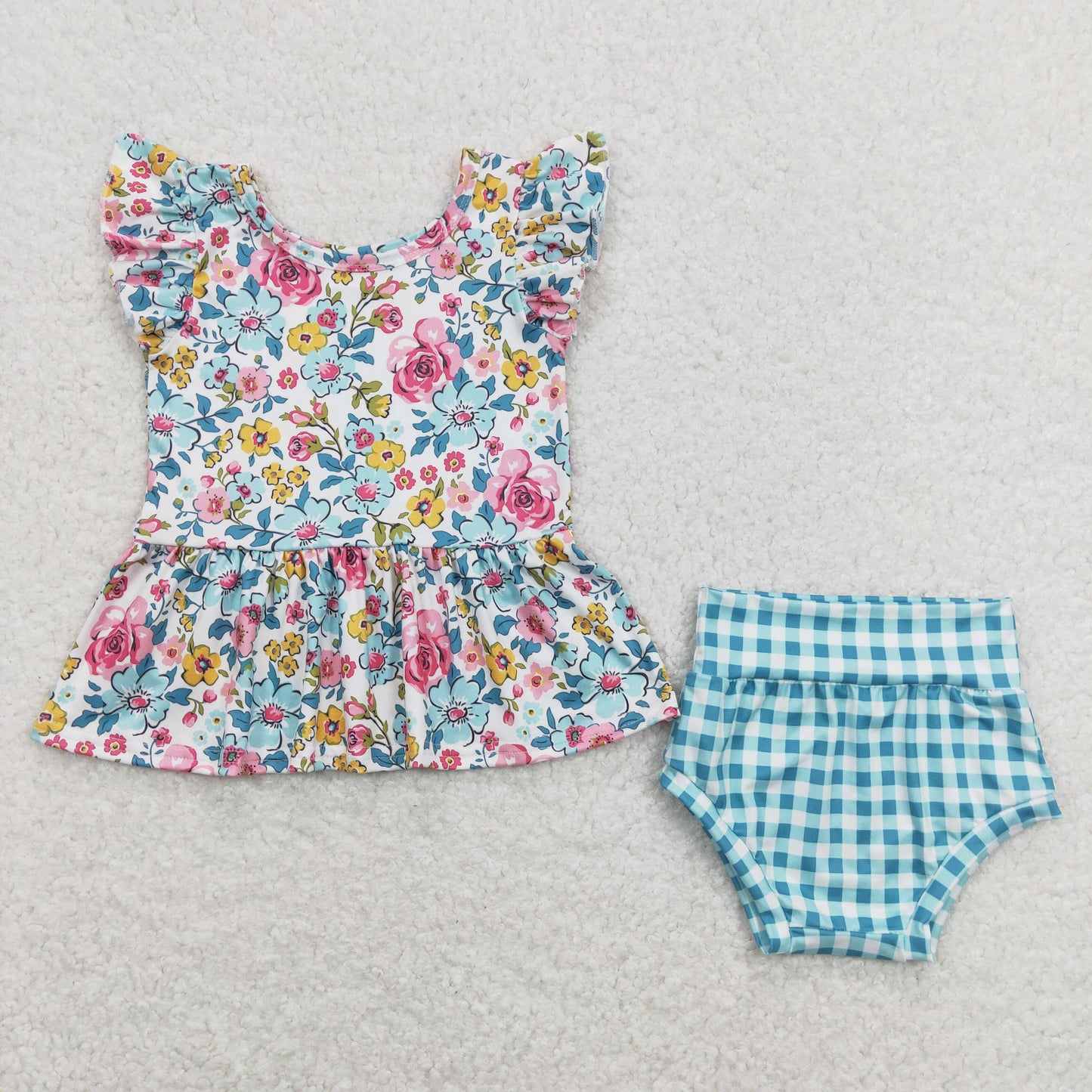 GBO0257 Colorful Flowers Flutter Sleeve Blue Checkered Girls Bummies Set