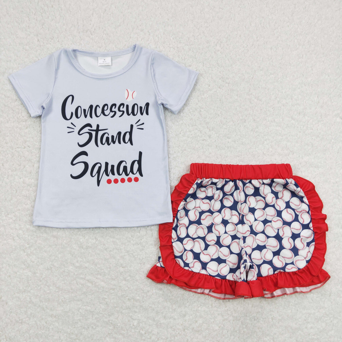GSSO0484 Stand Squad Grey Short Sleeve Baseball Red Ruffles Shorts Girls Set