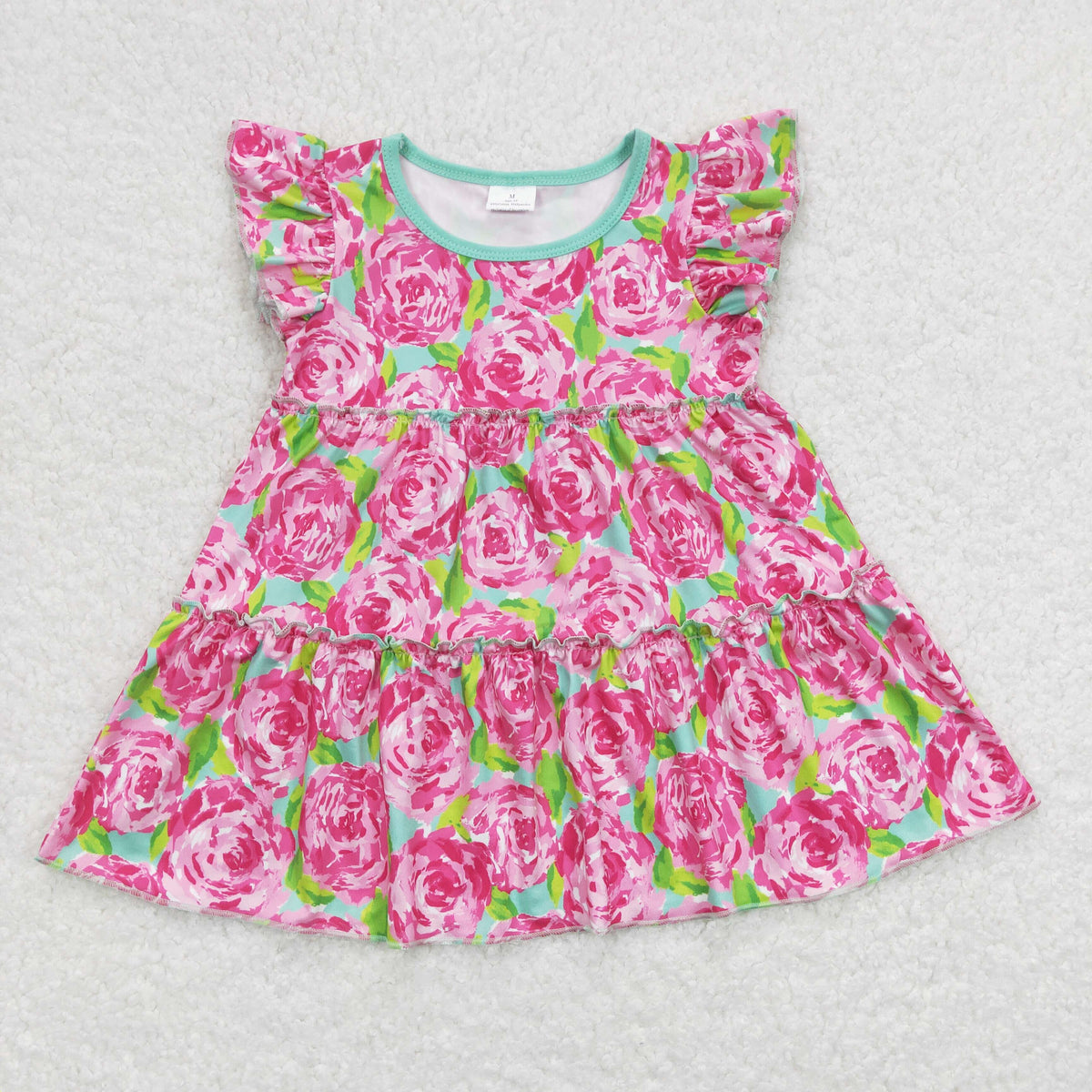 GT0475 Hot Pink Flowers Cyan Flutter Sleeve Girls Summer Top