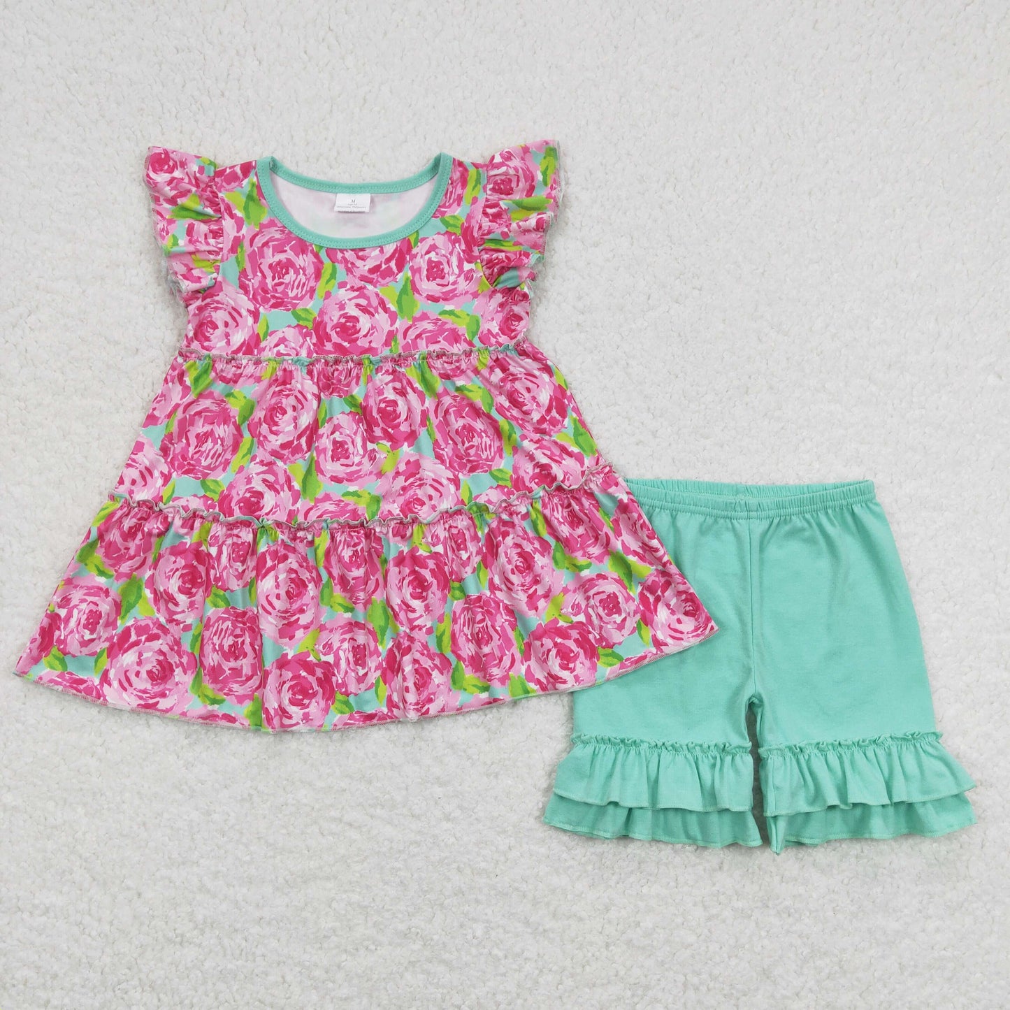 GSSO0615 Hot Pink Flowers Flutter Sleeve Cyan Ruffles Shorts Girls Summer Set