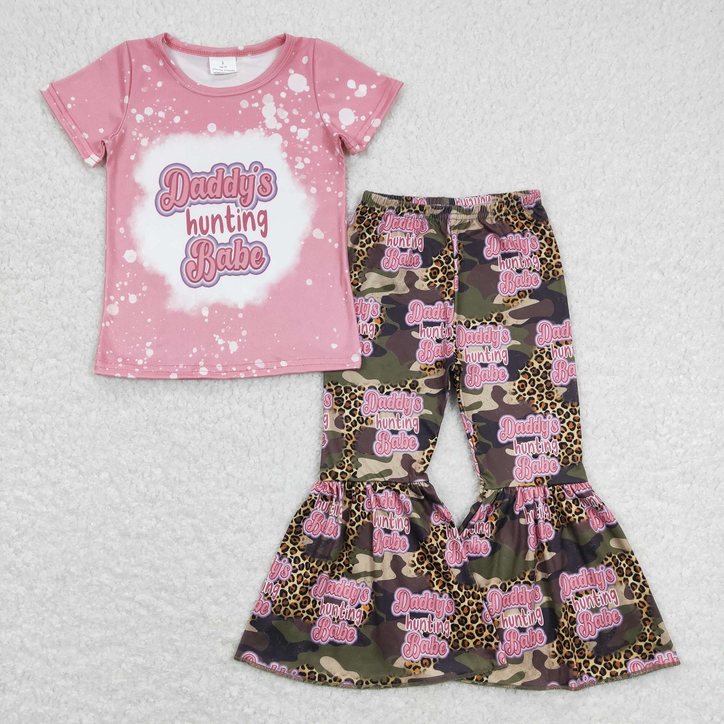 GSPO0922 Daddys hunting babe pink short sleeve leopard camo pants girls set