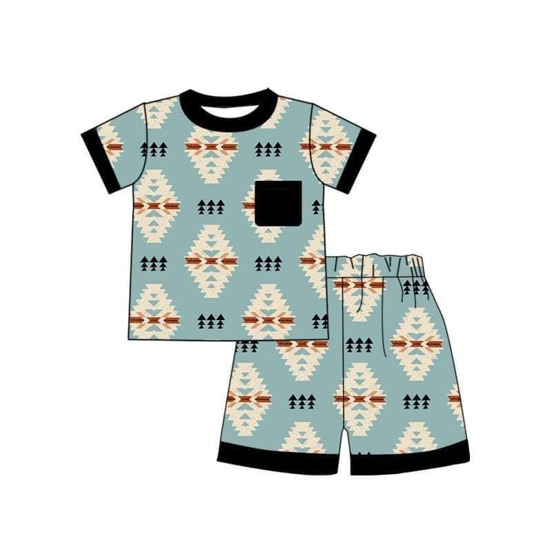 custom Western Aztec pocket short sleeve shorts boys set