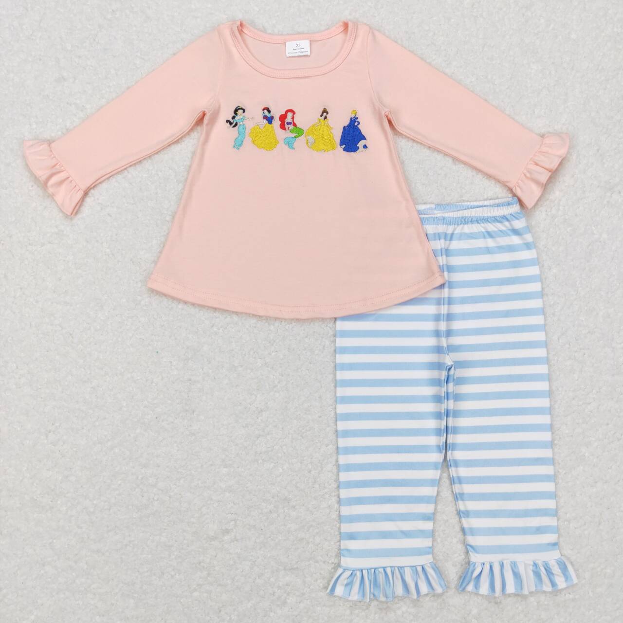 GLP0859 Cartoon princess pink long sleeve blue striped pants girls set
