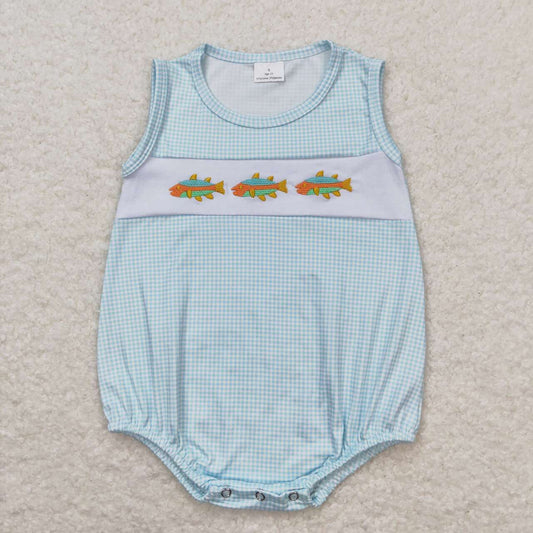SR1265 embroidery fish blue checkered sleeveless boys romper