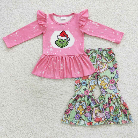 GLP0565 Christmas Free Face Pink Long Sleeves Green Pants Girls Clothes