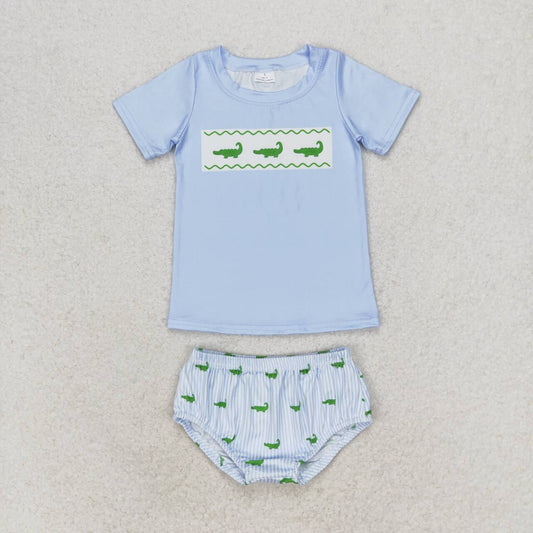 GBO0370 cute crocodile blue short sleeve boys striped bummies set