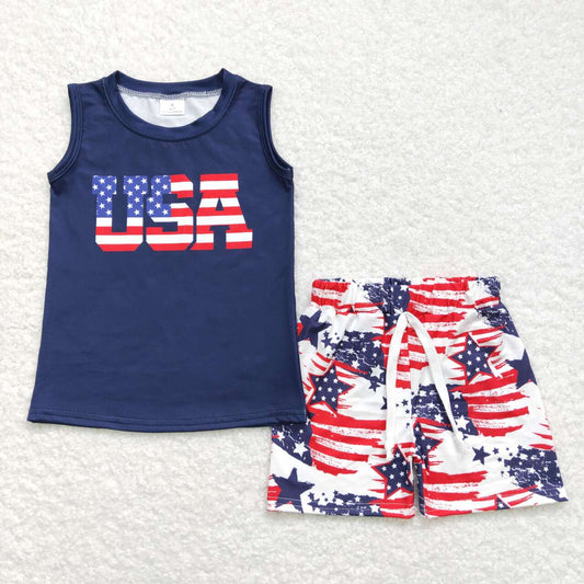 BSSO0461 July 4th USA Black Sleeveless Flag Star Red Striped Shorts Boys Set